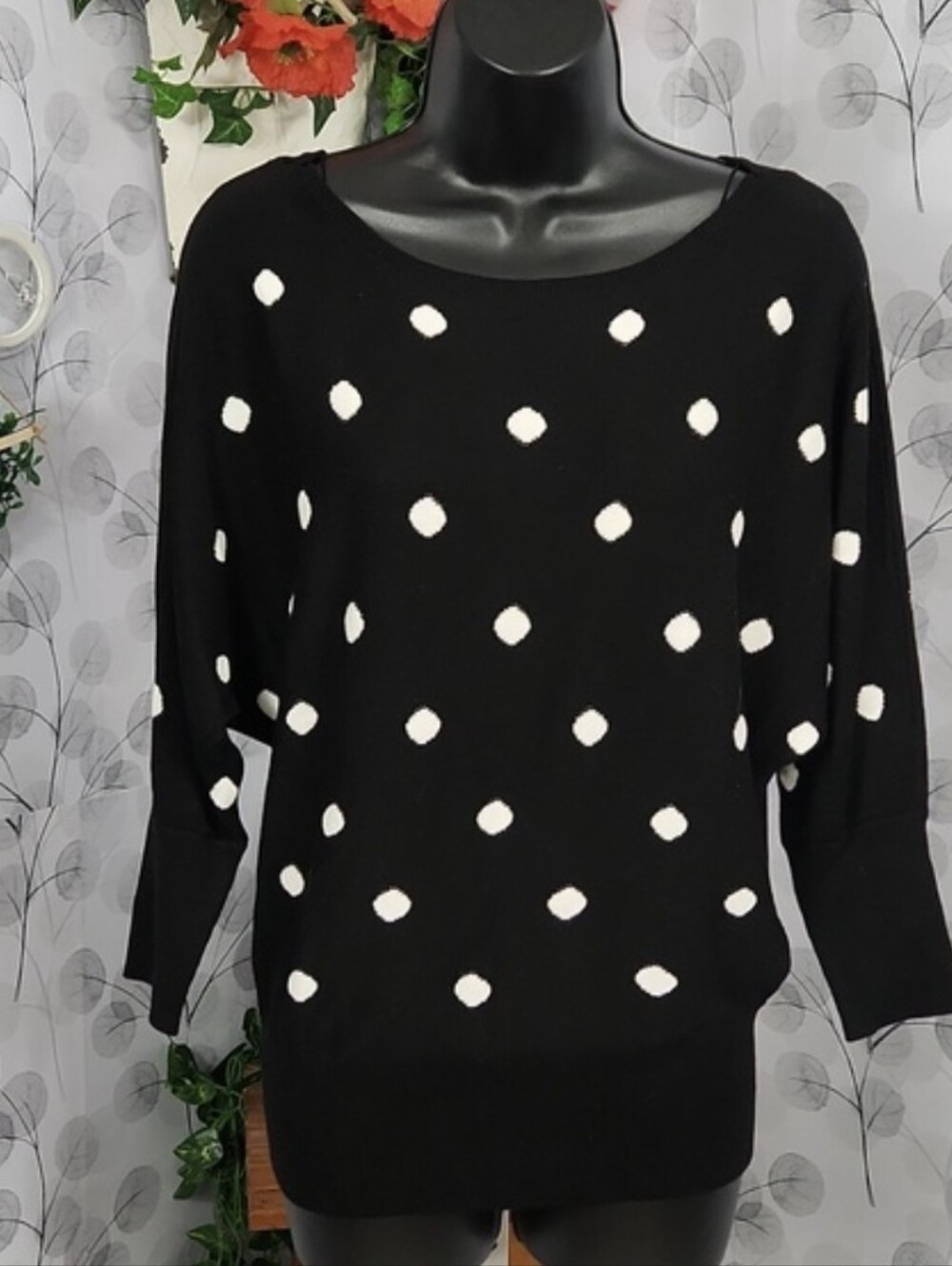 White House Black Market Black Sweater with White Polka Dots